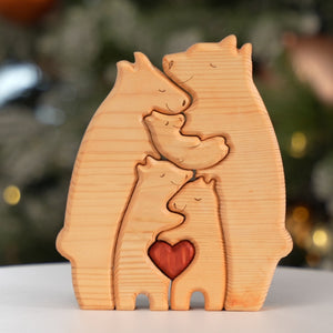 Unis, nous sommes forts - Puzzle en bois en forme d'ours familial - Sculptures d'animaux en bois, ornements de table en bois sculpté, décoration en bois sculpté - Cadeau pour les membres de la famille