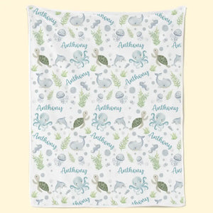 Laissez vos rêves naviguer avec les sympathiques animaux marins - Couverture familiale personnalisée - Cadeau pour bébé, enfant et nouveau-né