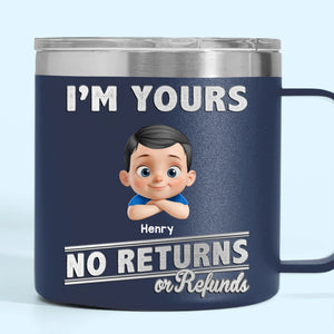 Paternité, aucune politique de retour depuis le premier jour - Gobelet personnalisé en acier inoxydable de 14 oz avec poignée pour la famille - Fête des pères, cadeau pour papa, grand-père