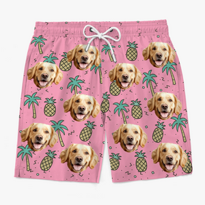 Short de plage hawaïen personnalisé avec photo « Ananas Punch Squad » - Short de plage hawaïen tropical Aloha pour homme - Cadeau de vacances d'été pour les membres de la famille, les propriétaires d'animaux et les amoureux des animaux