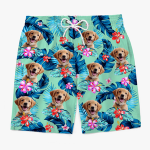 Short de plage hawaïen personnalisé avec photo « Pattes dehors, soleil dehors » – Short de plage hawaïen tropical Aloha pour homme, personnalisé pour chien et chat – Cadeau de vacances d'été pour propriétaires et amoureux des animaux