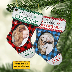 Premier Noël - Noël approche - Téléchargez une photo d'animal de compagnie - Décoration de Noël en bois personnalisée en forme de bas