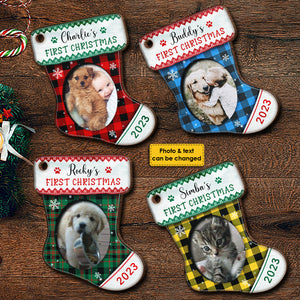 Premier Noël - Noël approche - Téléchargez une photo d'animal de compagnie - Décoration de Noël en bois personnalisée en forme de bas