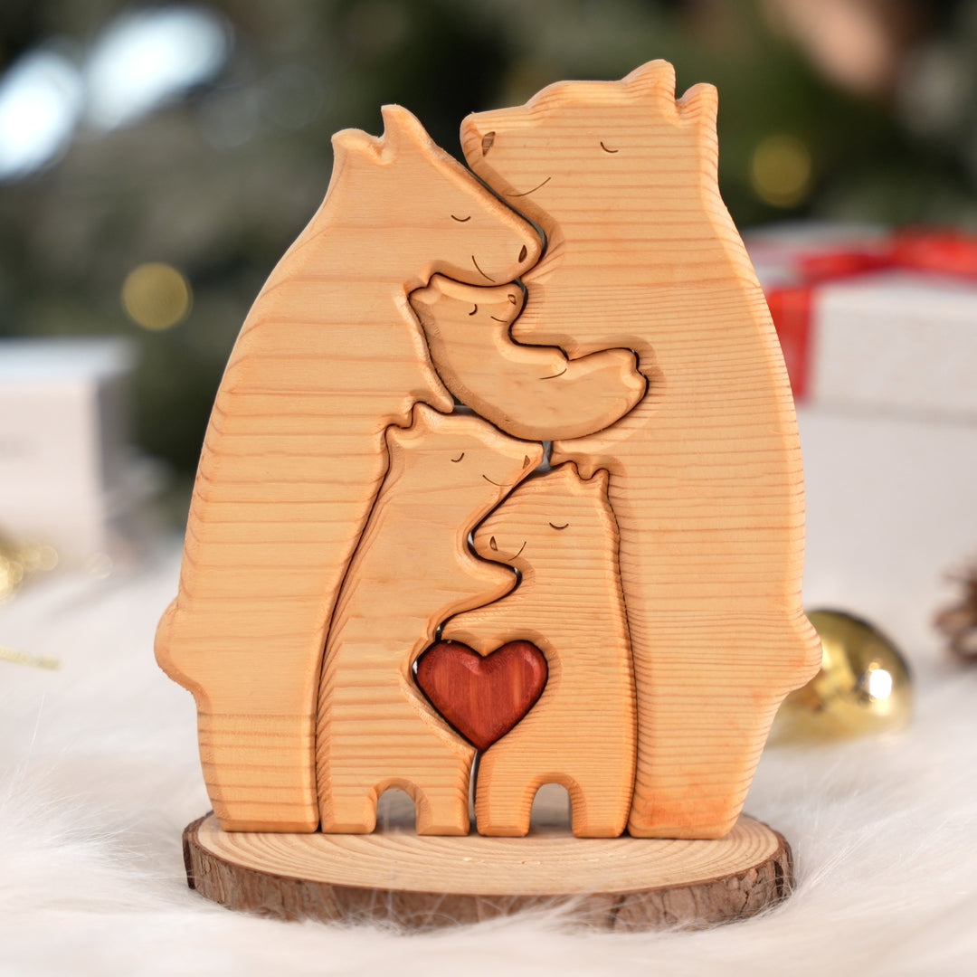 Unis, nous sommes forts - Puzzle en bois en forme d'ours familial - Sculptures d'animaux en bois, ornements de table en bois sculpté, décoration en bois sculpté - Cadeau pour les membres de la famille