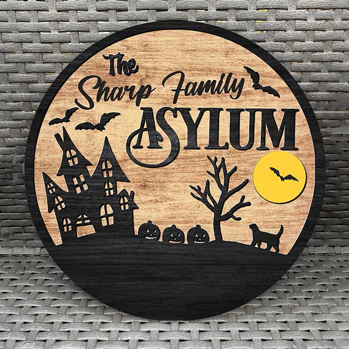 Panneau familial « Asile » – Panneau en bois personnalisé pour décoration d'intérieur – Cadeau d'Halloween, de pendaison de crémaillère pour les membres de la famille