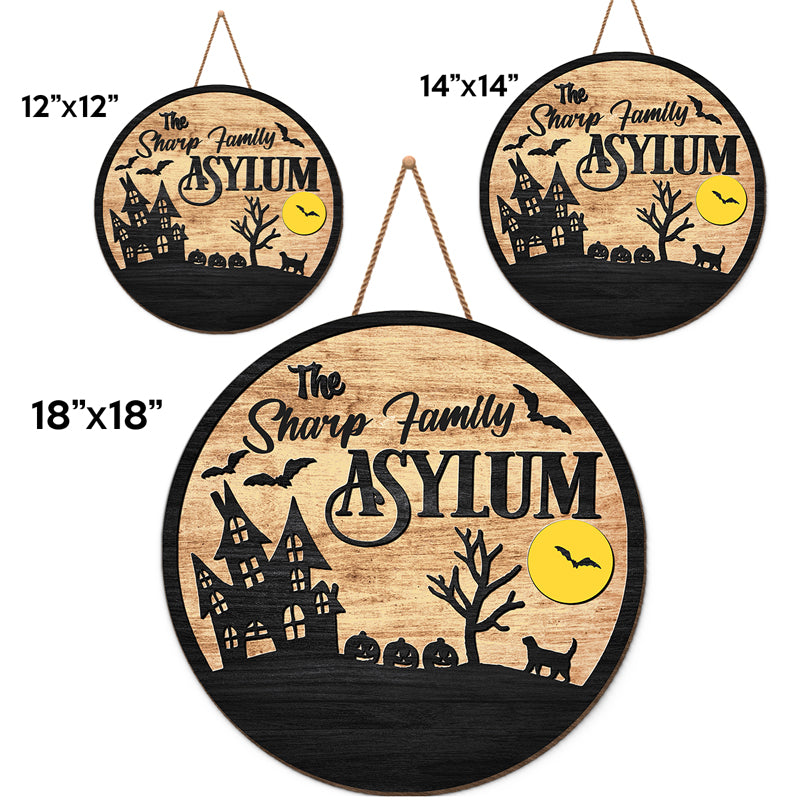 Panneau familial « Asile » – Panneau en bois personnalisé pour décoration d'intérieur – Cadeau d'Halloween, de pendaison de crémaillère pour les membres de la famille