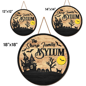 Panneau familial « Asile » – Panneau en bois personnalisé pour décoration d'intérieur – Cadeau d'Halloween, de pendaison de crémaillère pour les membres de la famille