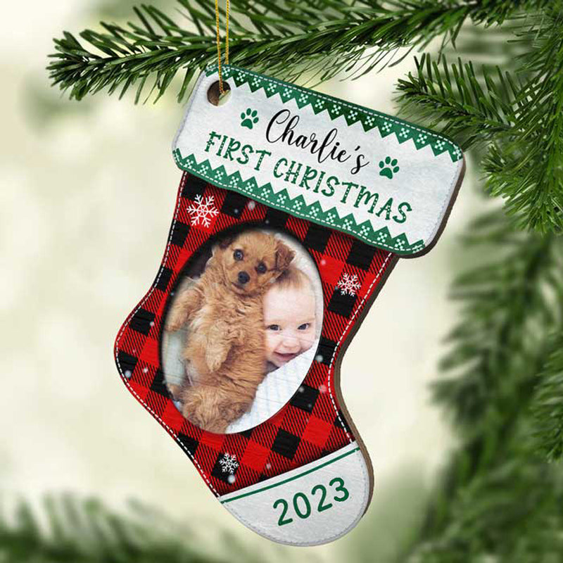 Premier Noël - Noël approche - Téléchargez une photo d'animal de compagnie - Décoration de Noël en bois personnalisée en forme de bas