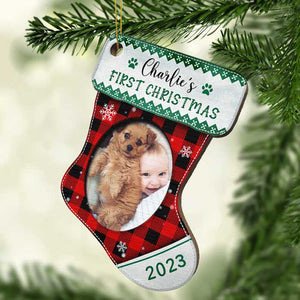 Premier Noël - Noël approche - Téléchargez une photo d'animal de compagnie - Décoration de Noël en bois personnalisée en forme de bas