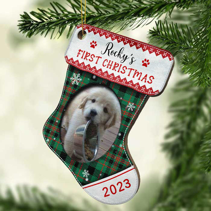 Premier Noël - Noël approche - Téléchargez une photo d'animal de compagnie - Décoration de Noël en bois personnalisée en forme de bas