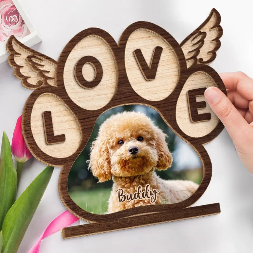 Photo personnalisée « Mon amour pour toi est éternel » – Plaque commémorative en bois personnalisée à 2 couches avec support plat – Cadeau de pendaison de crémaillère pour propriétaires et amoureux des animaux