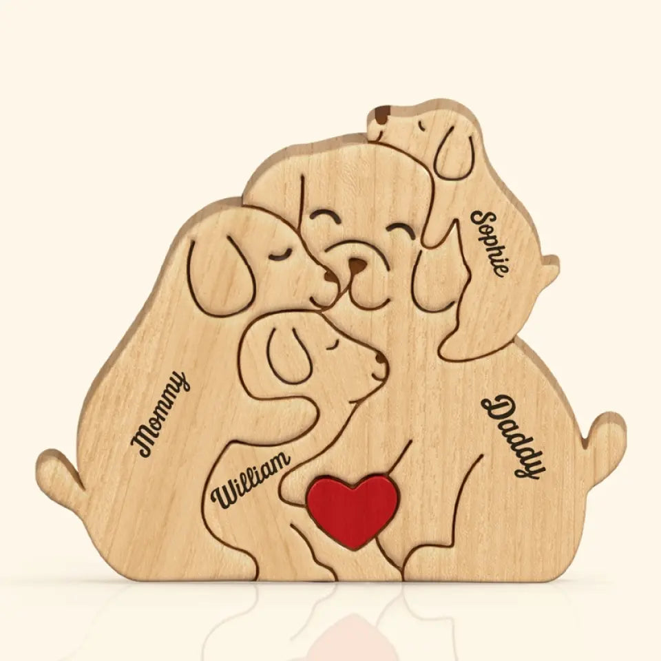 L'amour d'une famille est la plus grande bénédiction d'une vie - Puzzle en bois personnalisé en forme de chiot - Sculptures d'animaux en bois, ornements de table en sculpture sur bois, décoration en bois sculpté - Cadeau pour les membres de la famille