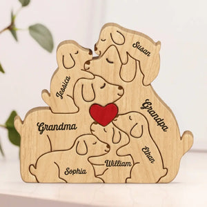 L'amour d'une famille est la plus grande bénédiction d'une vie - Puzzle en bois personnalisé en forme de chiot - Sculptures d'animaux en bois, ornements de table en sculpture sur bois, décoration en bois sculpté - Cadeau pour les membres de la famille