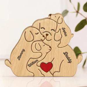 L'amour d'une famille est la plus grande bénédiction d'une vie - Puzzle en bois personnalisé en forme de chiot - Sculptures d'animaux en bois, ornements de table en sculpture sur bois, décoration en bois sculpté - Cadeau pour les membres de la famille