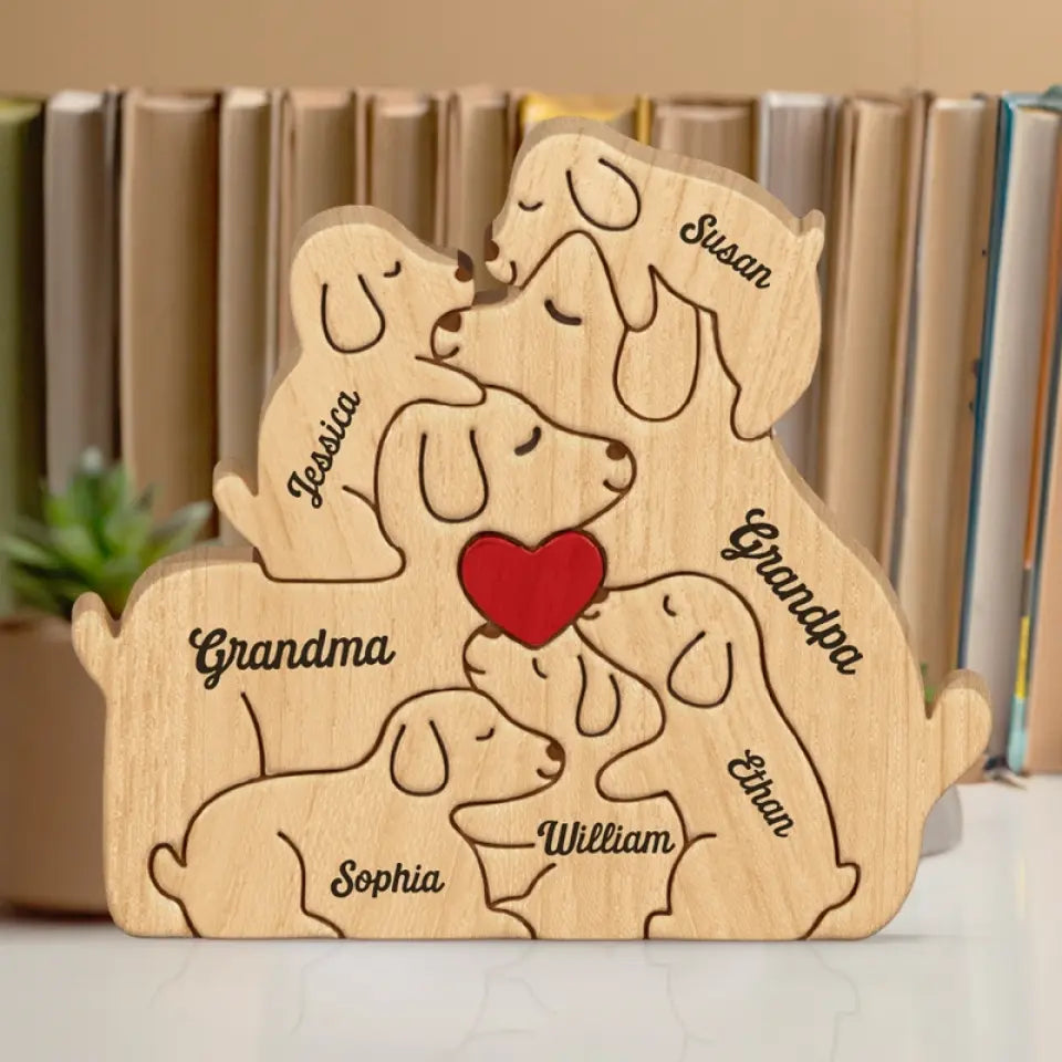 L'amour d'une famille est la plus grande bénédiction d'une vie - Puzzle en bois personnalisé en forme de chiot - Sculptures d'animaux en bois, ornements de table en sculpture sur bois, décoration en bois sculpté - Cadeau pour les membres de la famille