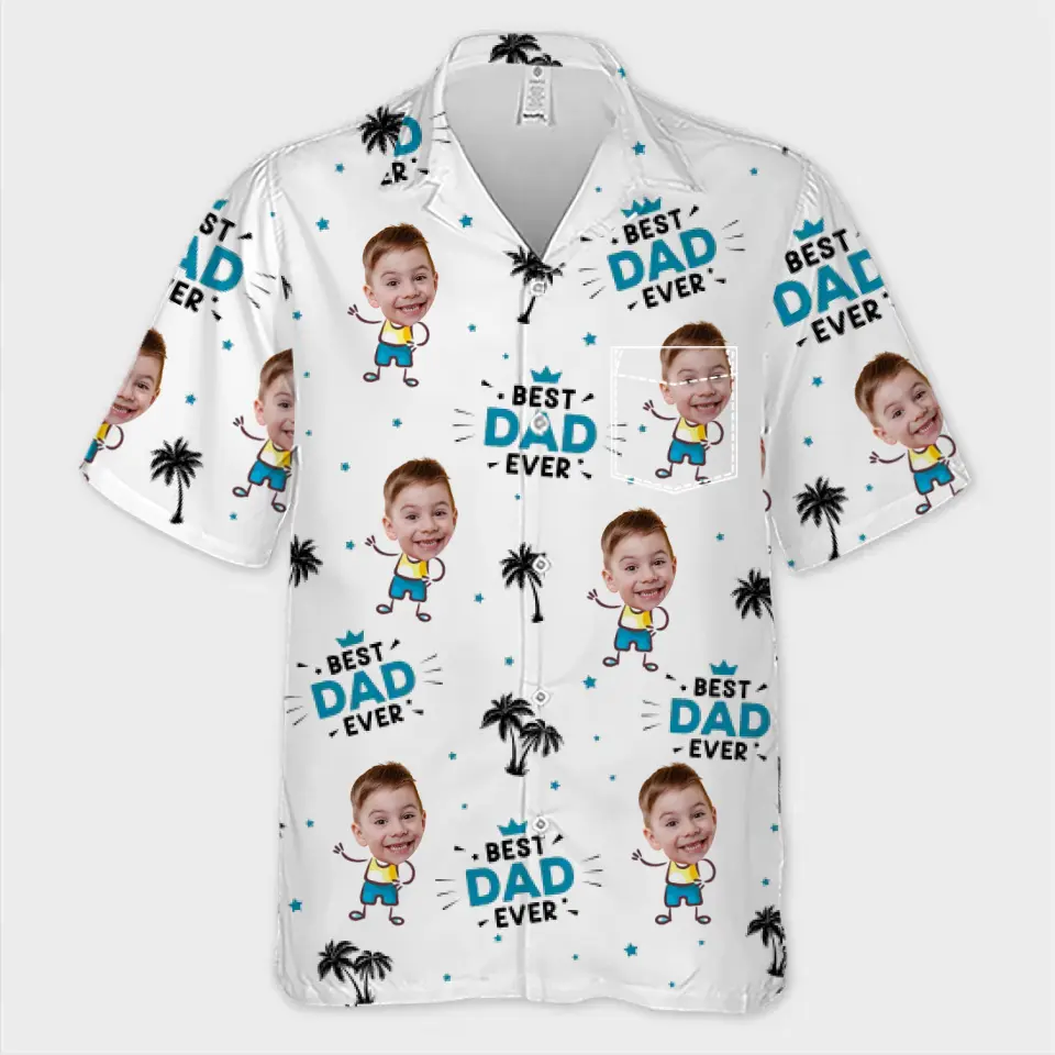 T-shirt hawaïen unisexe personnalisé avec photo « Papa le plus cool de la plage » - Cadeau idéal pour les vacances d'été, pour papa