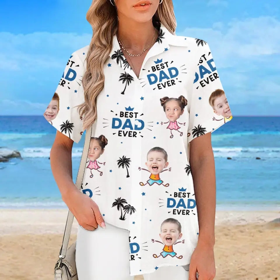 T-shirt hawaïen unisexe personnalisé avec photo « Papa le plus cool de la plage » - Cadeau idéal pour les vacances d'été, pour papa