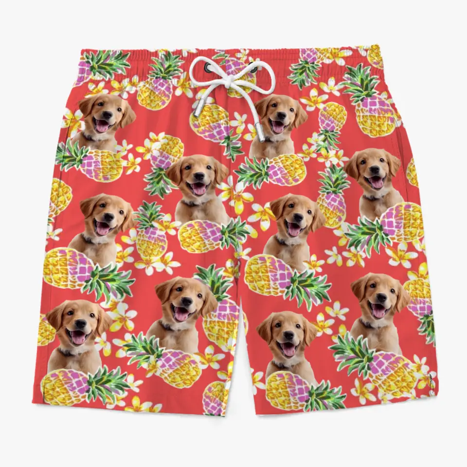 Short de plage hawaïen personnalisé avec photo « Course vers le soleil » pour chien et chat, motif tropical Aloha, pour homme - Cadeau idéal pour les vacances d'été, les anniversaires et les amoureux des animaux.