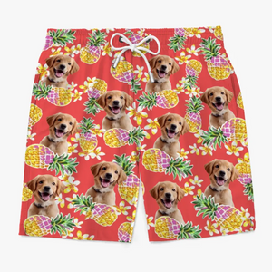 Short de plage hawaïen personnalisé avec photo « Course vers le soleil » pour chien et chat, motif tropical Aloha, pour homme - Cadeau idéal pour les vacances d'été, les anniversaires et les amoureux des animaux.