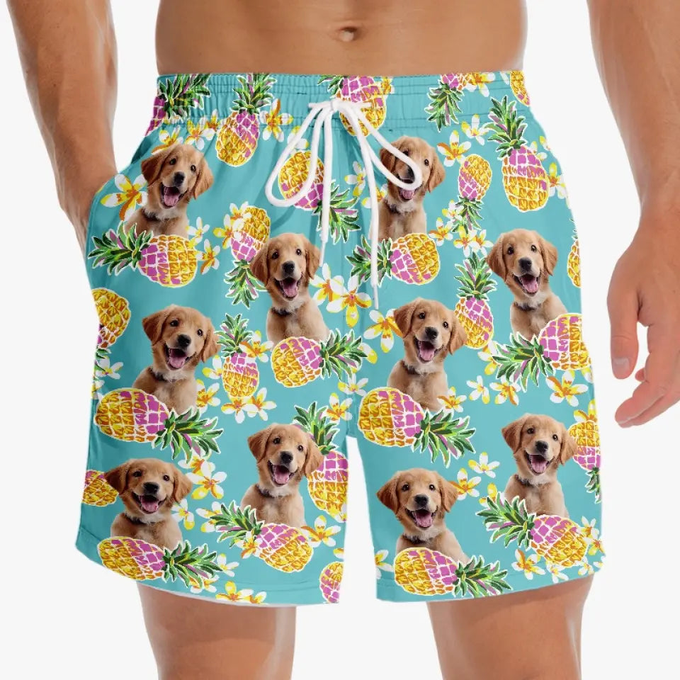 Short de plage hawaïen personnalisé avec photo « Course vers le soleil » pour chien et chat, motif tropical Aloha, pour homme - Cadeau idéal pour les vacances d'été, les anniversaires et les amoureux des animaux.
