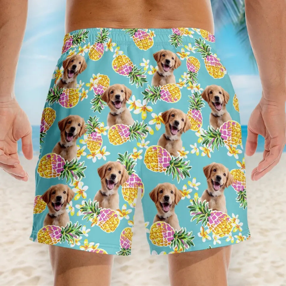 Short de plage hawaïen personnalisé avec photo « Course vers le soleil » pour chien et chat, motif tropical Aloha, pour homme - Cadeau idéal pour les vacances d'été, les anniversaires et les amoureux des animaux.