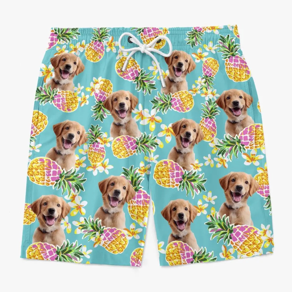 Short de plage hawaïen personnalisé avec photo « Course vers le soleil » pour chien et chat, motif tropical Aloha, pour homme - Cadeau idéal pour les vacances d'été, les anniversaires et les amoureux des animaux.
