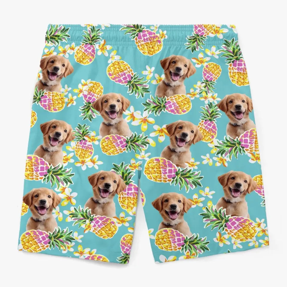 Short de plage hawaïen personnalisé avec photo « Course vers le soleil » pour chien et chat, motif tropical Aloha, pour homme - Cadeau idéal pour les vacances d'été, les anniversaires et les amoureux des animaux.