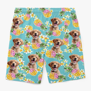 Short de plage hawaïen personnalisé avec photo « Course vers le soleil » pour chien et chat, motif tropical Aloha, pour homme - Cadeau idéal pour les vacances d'été, les anniversaires et les amoureux des animaux.