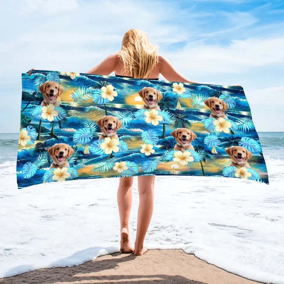 Mode vacances photo personnalisé activé - Chien  
Serviette de plage personnalisée avec chat - Cadeau de vacances d'été, cadeau d'anniversaire pour les propriétaires d'animaux et les amoureux des animaux
