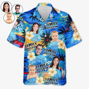 Photo personnalisée « Nous profitons des bons moments et du bon soleil » - T-shirt hawaïen tropical unisexe personnalisé pour la famille - Cadeau de vacances d'été pour les membres de la famille