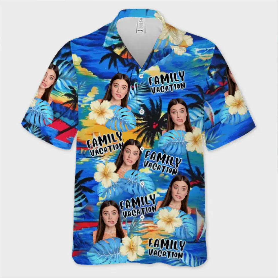 Photo personnalisée « Nous profitons des bons moments et du bon soleil » - T-shirt hawaïen tropical unisexe personnalisé pour la famille - Cadeau de vacances d'été pour les membres de la famille