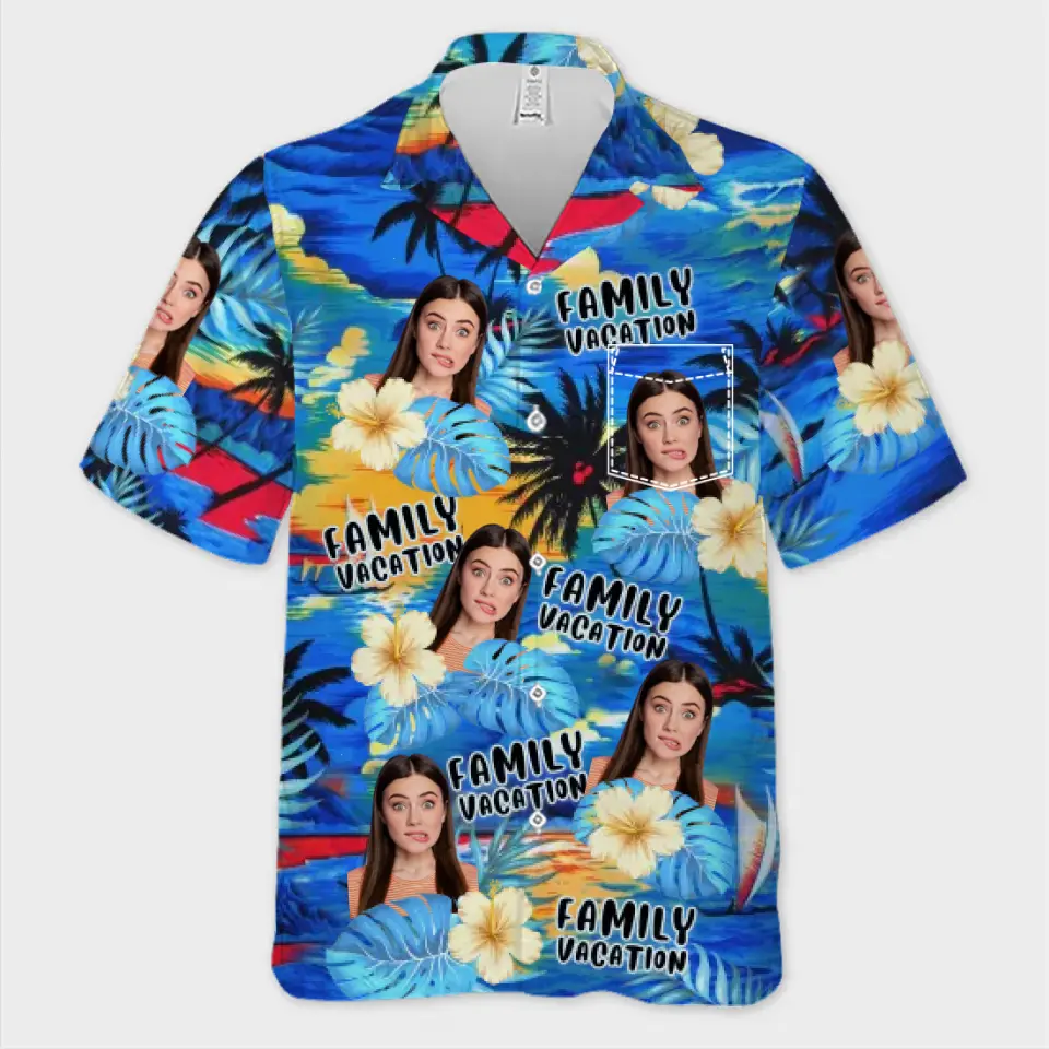 Photo personnalisée « Nous profitons des bons moments et du bon soleil » - T-shirt hawaïen tropical unisexe personnalisé pour la famille - Cadeau de vacances d'été pour les membres de la famille