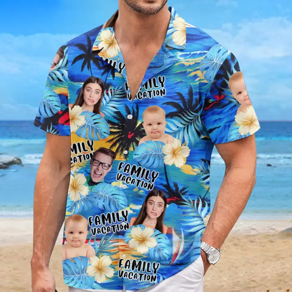 Photo personnalisée « Nous profitons des bons moments et du bon soleil » - T-shirt hawaïen tropical unisexe personnalisé pour la famille - Cadeau de vacances d'été pour les membres de la famille
