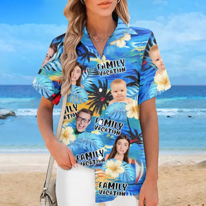 Photo personnalisée « Nous profitons des bons moments et du bon soleil » - T-shirt hawaïen tropical unisexe personnalisé pour la famille - Cadeau de vacances d'été pour les membres de la famille