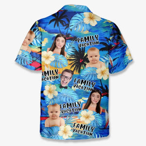 Photo personnalisée « Nous profitons des bons moments et du bon soleil » - T-shirt hawaïen tropical unisexe personnalisé pour la famille - Cadeau de vacances d'été pour les membres de la famille