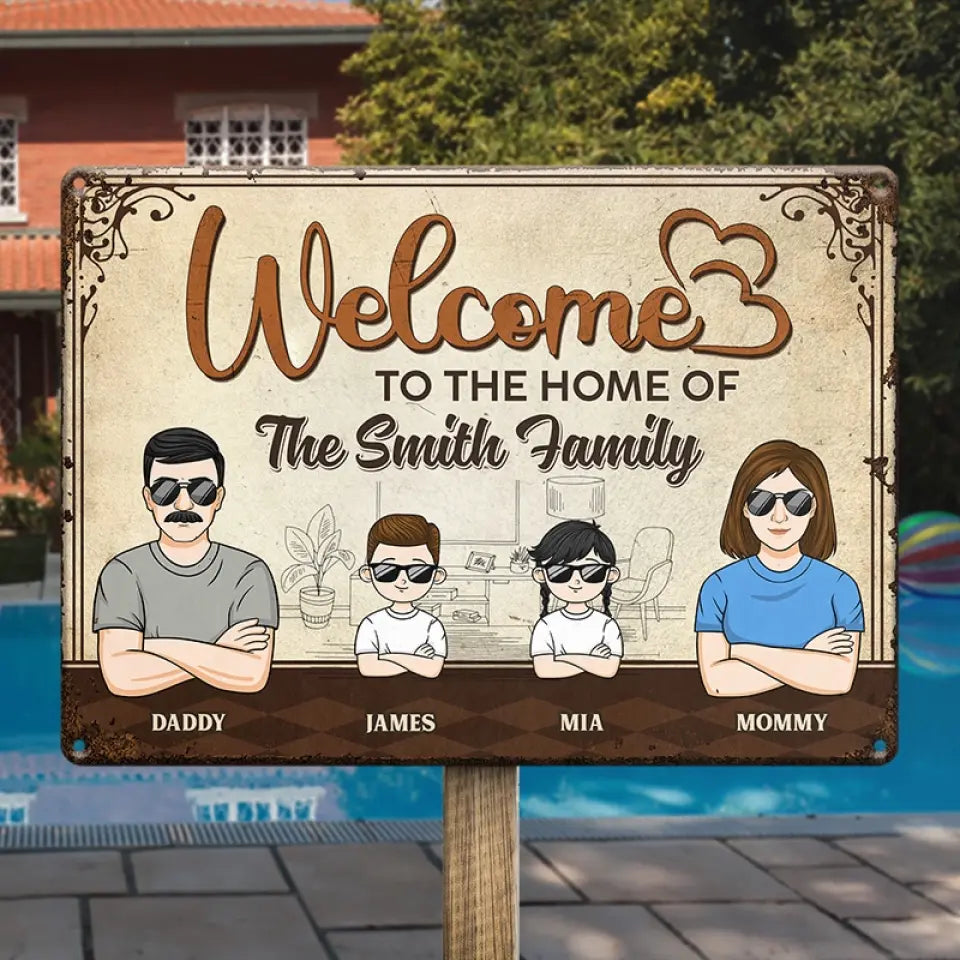 Bienvenue chez vous - Plaque en métal personnalisée pour la décoration de la maison - Cadeau de pendaison de crémaillère pour les membres de la famille