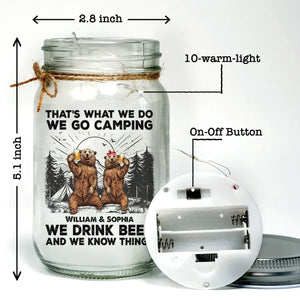 On boit de la bière et on sait des choses - Lampe de camping personnalisée en pot Mason - Cadeau pour couple, mari, femme, amoureux du camping