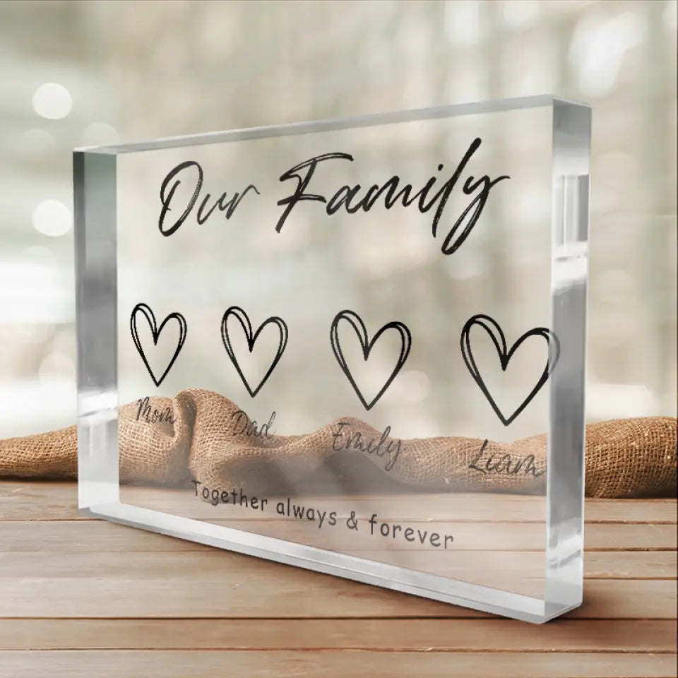Voici notre bonheur pour toujours - Plaque rectangulaire en acrylique personnalisée pour la famille - Cadeau pour les membres de la famille