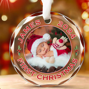 Photo personnalisée : le premier Noël d'un nouveau-né - Décoration de Noël en verre personnalisée avec cercle - Cadeau de Noël pour bébé, enfant et nouveau-né