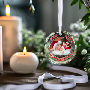 Photo personnalisée : le premier Noël d'un nouveau-né - Décoration de Noël en verre personnalisée avec cercle - Cadeau de Noël pour bébé, enfant et nouveau-né