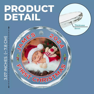 Photo personnalisée : le premier Noël d'un nouveau-né - Décoration de Noël en verre personnalisée avec cercle - Cadeau de Noël pour bébé, enfant et nouveau-né