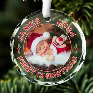 Photo personnalisée : le premier Noël d'un nouveau-né - Décoration de Noël en verre personnalisée avec cercle - Cadeau de Noël pour bébé, enfant et nouveau-né