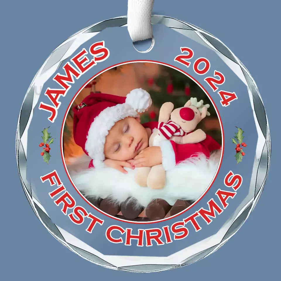 Photo personnalisée : le premier Noël d'un nouveau-né - Décoration de Noël en verre personnalisée avec cercle - Cadeau de Noël pour bébé, enfant et nouveau-né