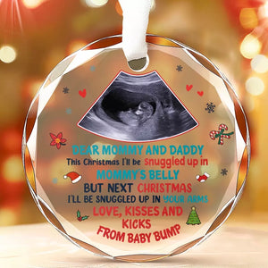 Photo personnalisée ce Noël, je serai blotti dans le ventre de maman - Ornement en verre personnalisé en forme de cercle pour la famille - Cadeau de Noël pour bébé, enfant, nouveau-né