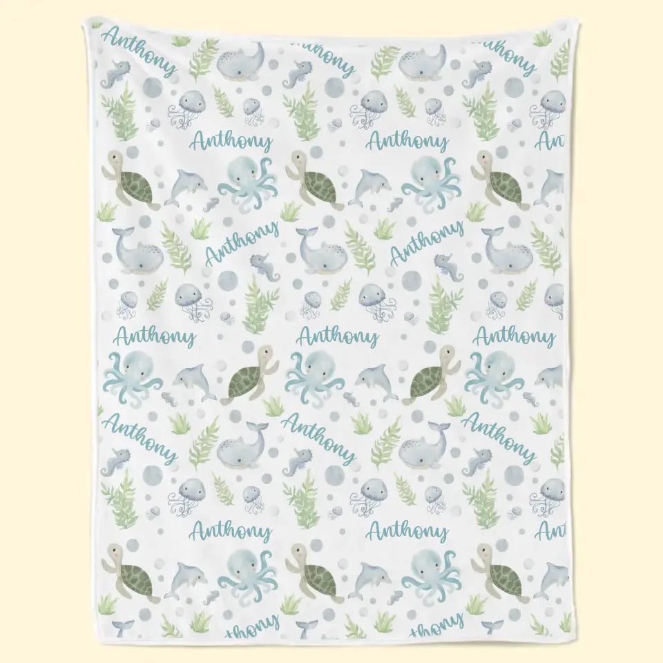 Laissez vos rêves naviguer avec les sympathiques animaux marins - Couverture familiale personnalisée - Cadeau pour bébé, enfant et nouveau-né