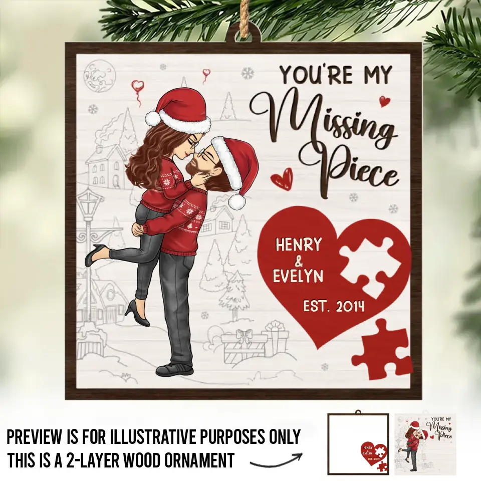 Tu es la pièce manquante que j'essayais de trouver - Ornement de Noël en bois personnalisé à 2 couches pour couple - Cadeau de Noël pour mari et femme, anniversaire