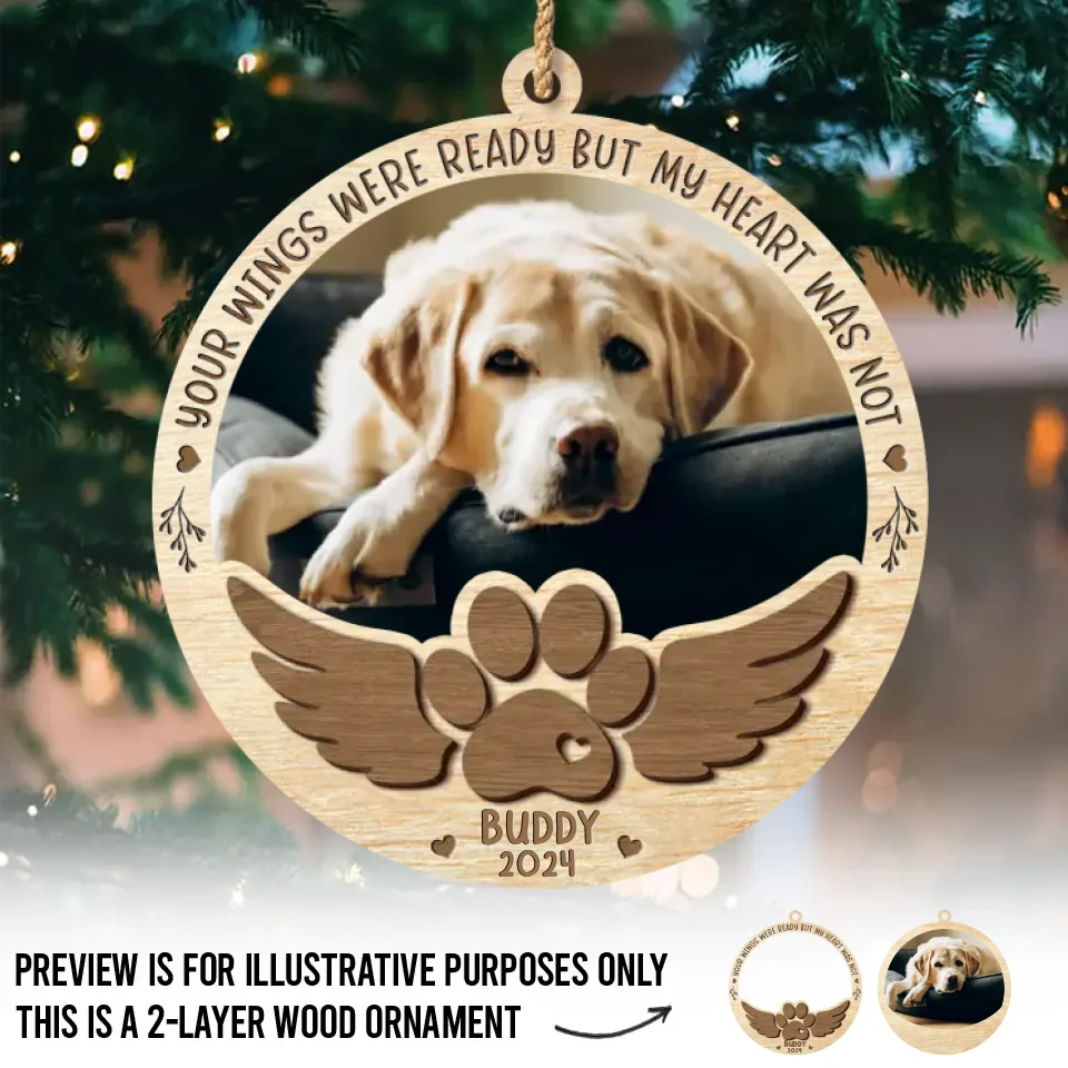Photo personnalisée à la mémoire de notre cher ami - Décoration de Noël en bois à 2 couches, personnalisée et commémorative - Cadeau de condoléances, cadeau de Noël pour les propriétaires d'animaux et les amoureux des animaux