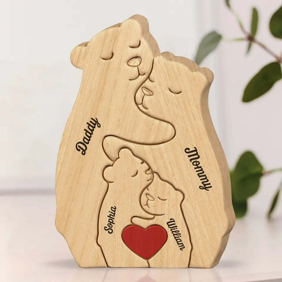 The Family Is One Of Nature’s Masterpieces - Family Personalized Custom Bear Shaped Wooden Art Puzzle - Wooden Pet Carvings, Wood Sculpture Table Ornaments, Carved Wood Decor - Gift For Family Members