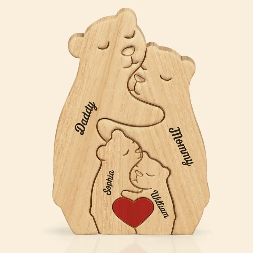 The Family Is One Of Nature’s Masterpieces - Family Personalized Custom Bear Shaped Wooden Art Puzzle - Wooden Pet Carvings, Wood Sculpture Table Ornaments, Carved Wood Decor - Gift For Family Members