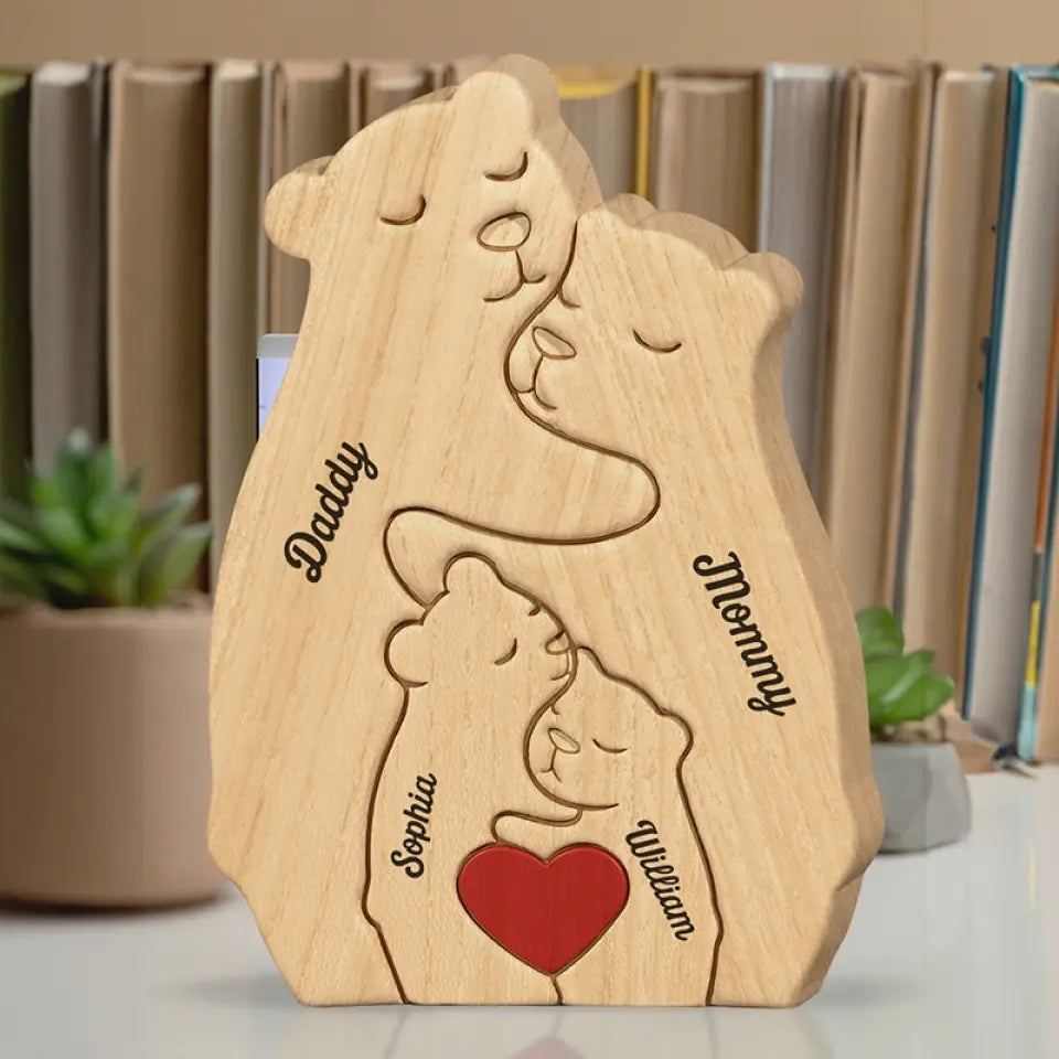 The Family Is One Of Nature’s Masterpieces - Family Personalized Custom Bear Shaped Wooden Art Puzzle - Wooden Pet Carvings, Wood Sculpture Table Ornaments, Carved Wood Decor - Gift For Family Members